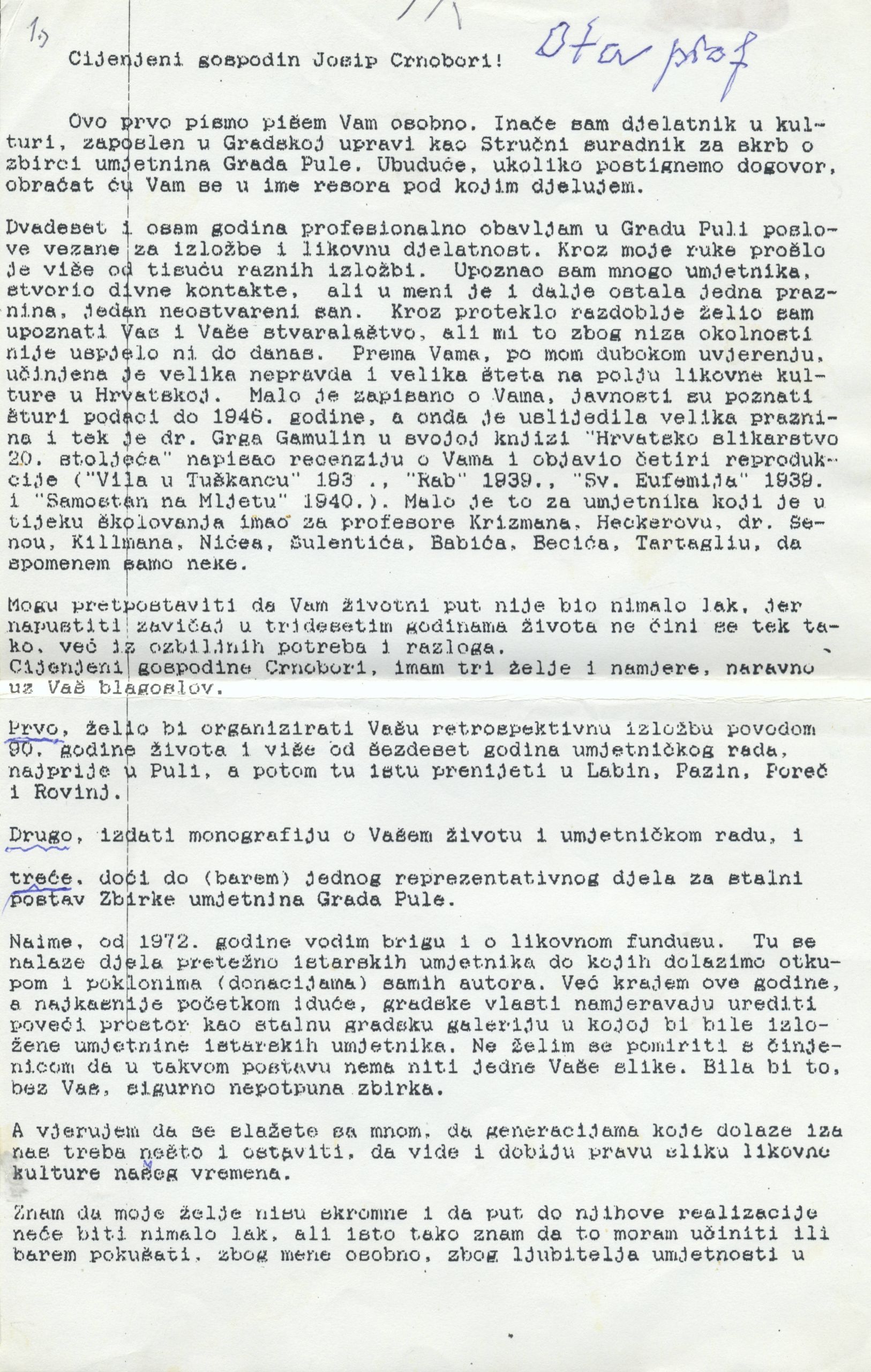 Fragment prvog pisma Ota Šireca Josipu Crnoboriju, 29. 4. 1997.