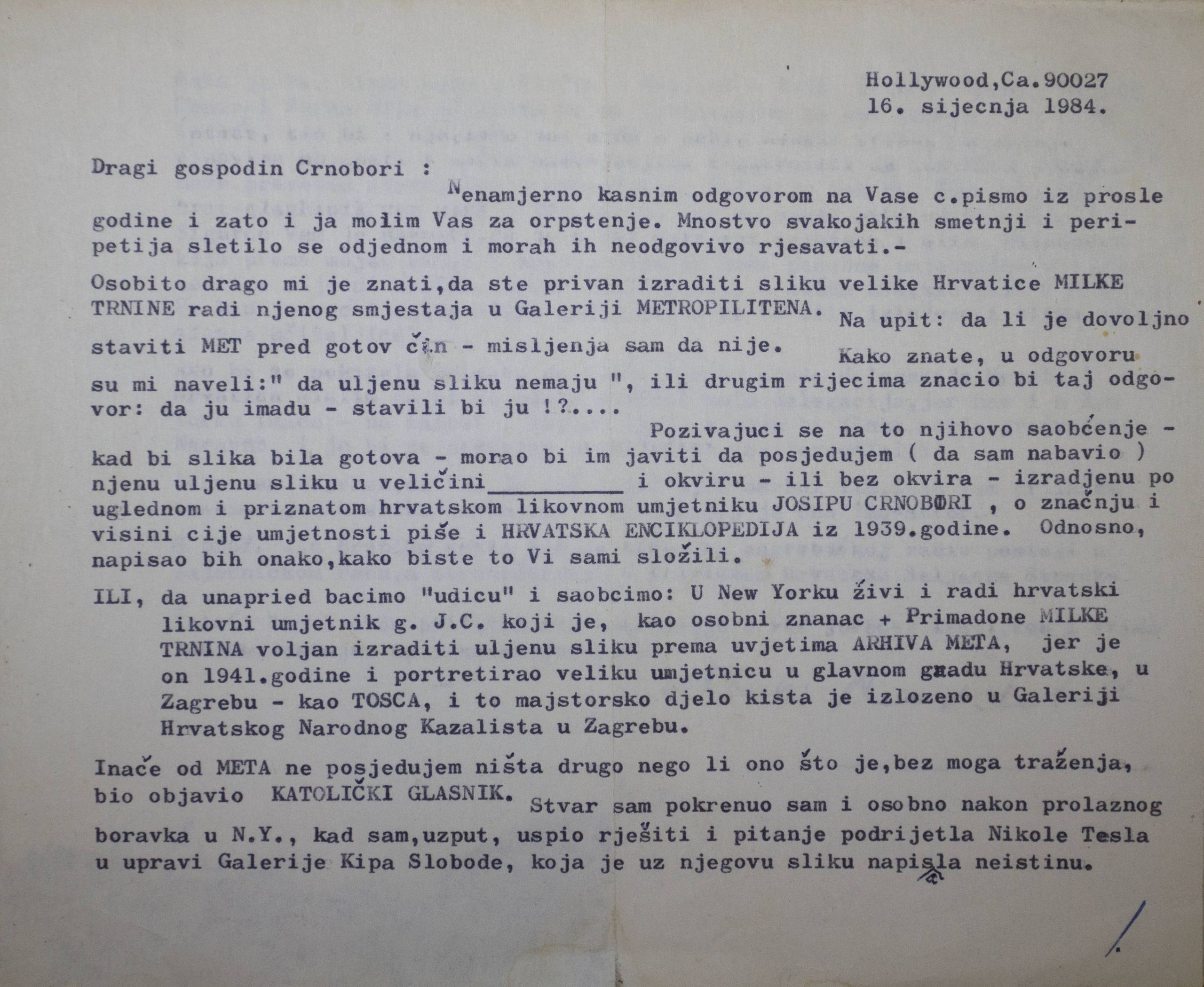 Pismo Ive Šrepela Josipu Crnoboriju, 16. 1. 1984.
