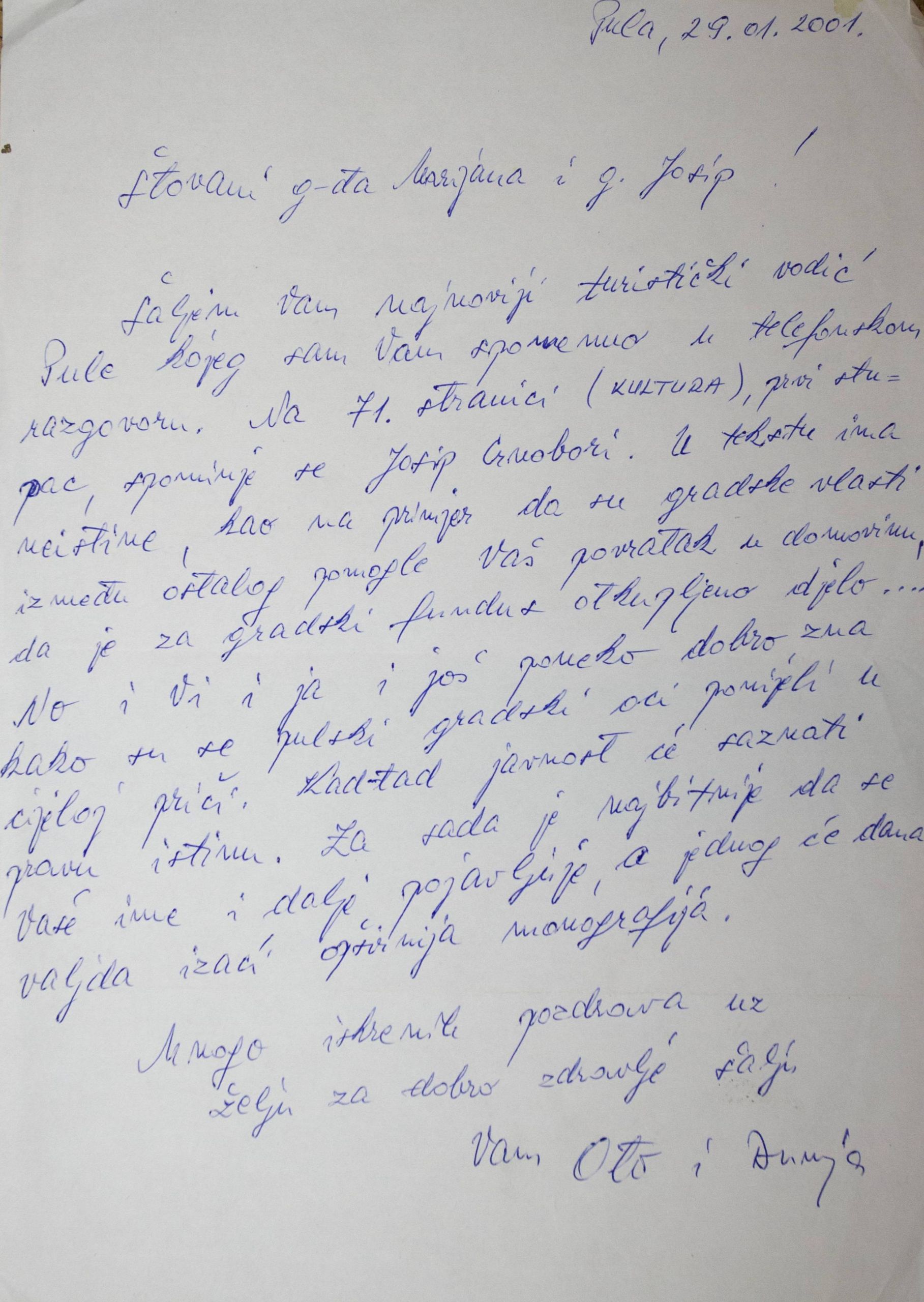 Pismo Ota i Dunje Širec Marijani i Josipu Crnoboriju, 29. 1. 2001.