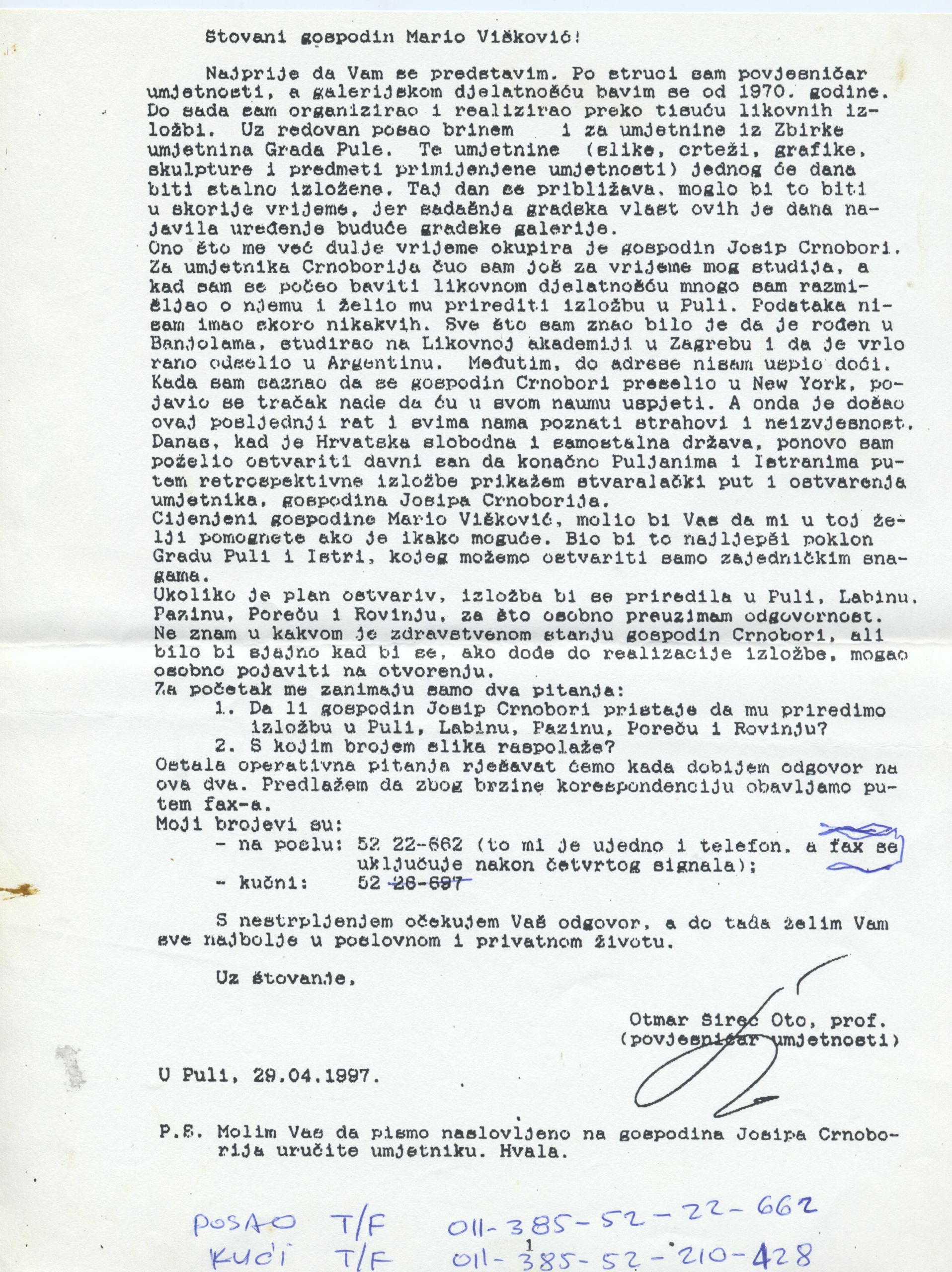 Pismo Ota Šireca g. Viškoviću (HDLU Istre), 29. 4. 1997.