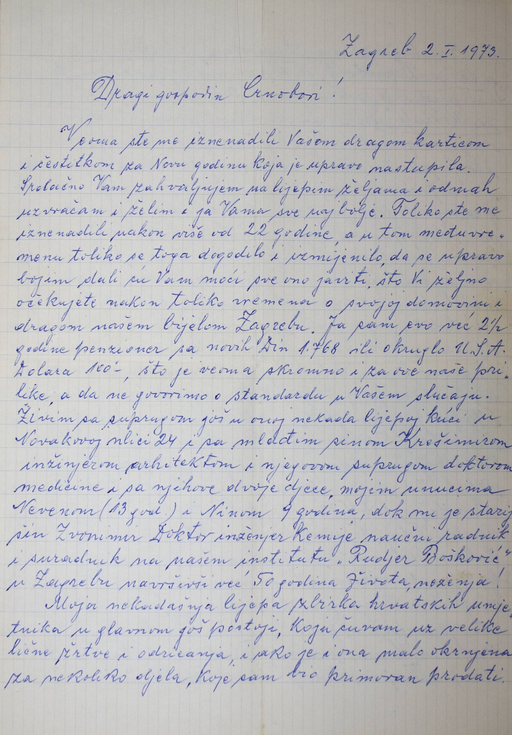 Pismo Zvonimira Pučara Josipu Crnoboriju, 2. 1. 1973.