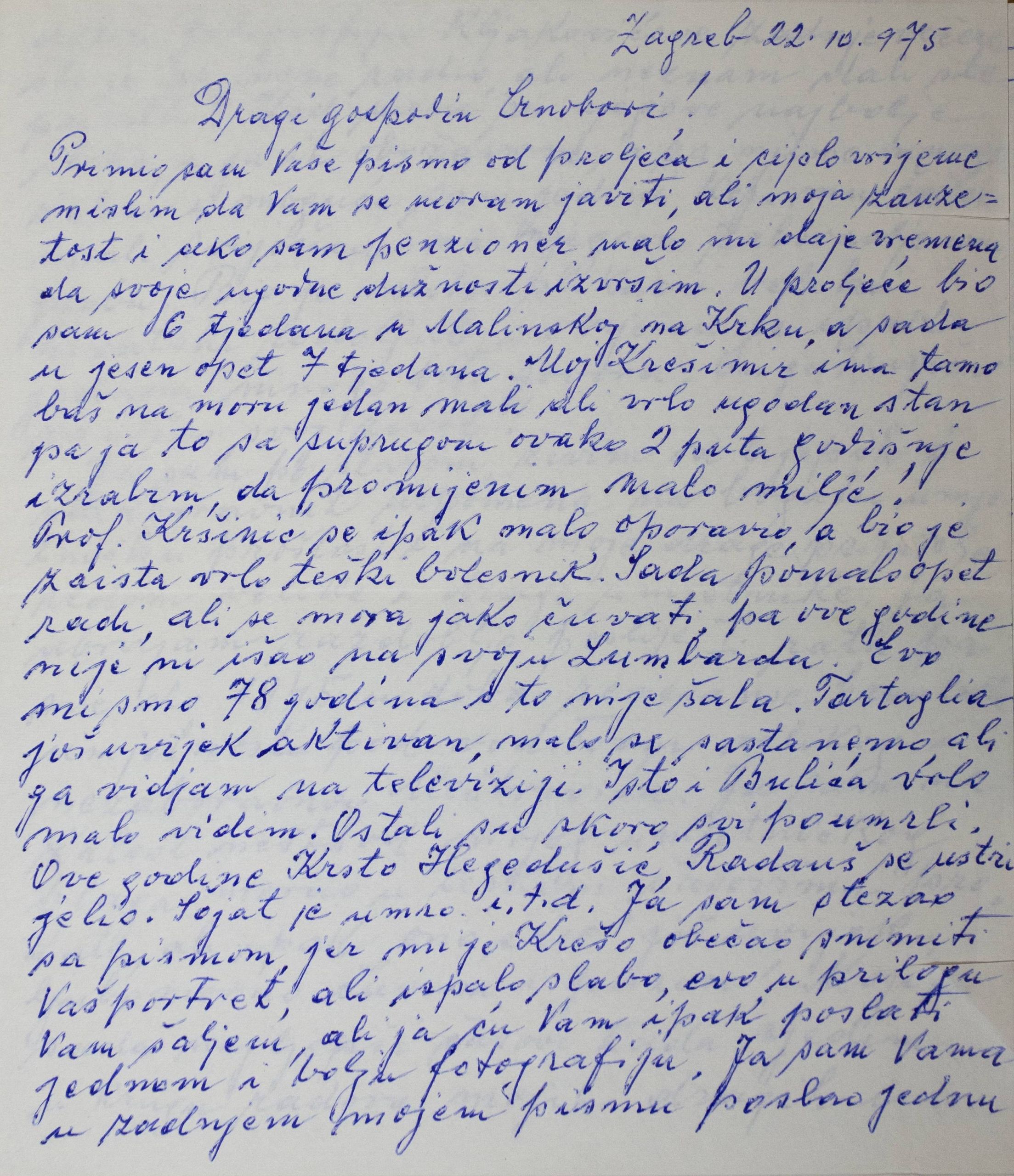 Pismo Zvonimira Pučara Josipu Crnoboriju, 22. 10. 1975.