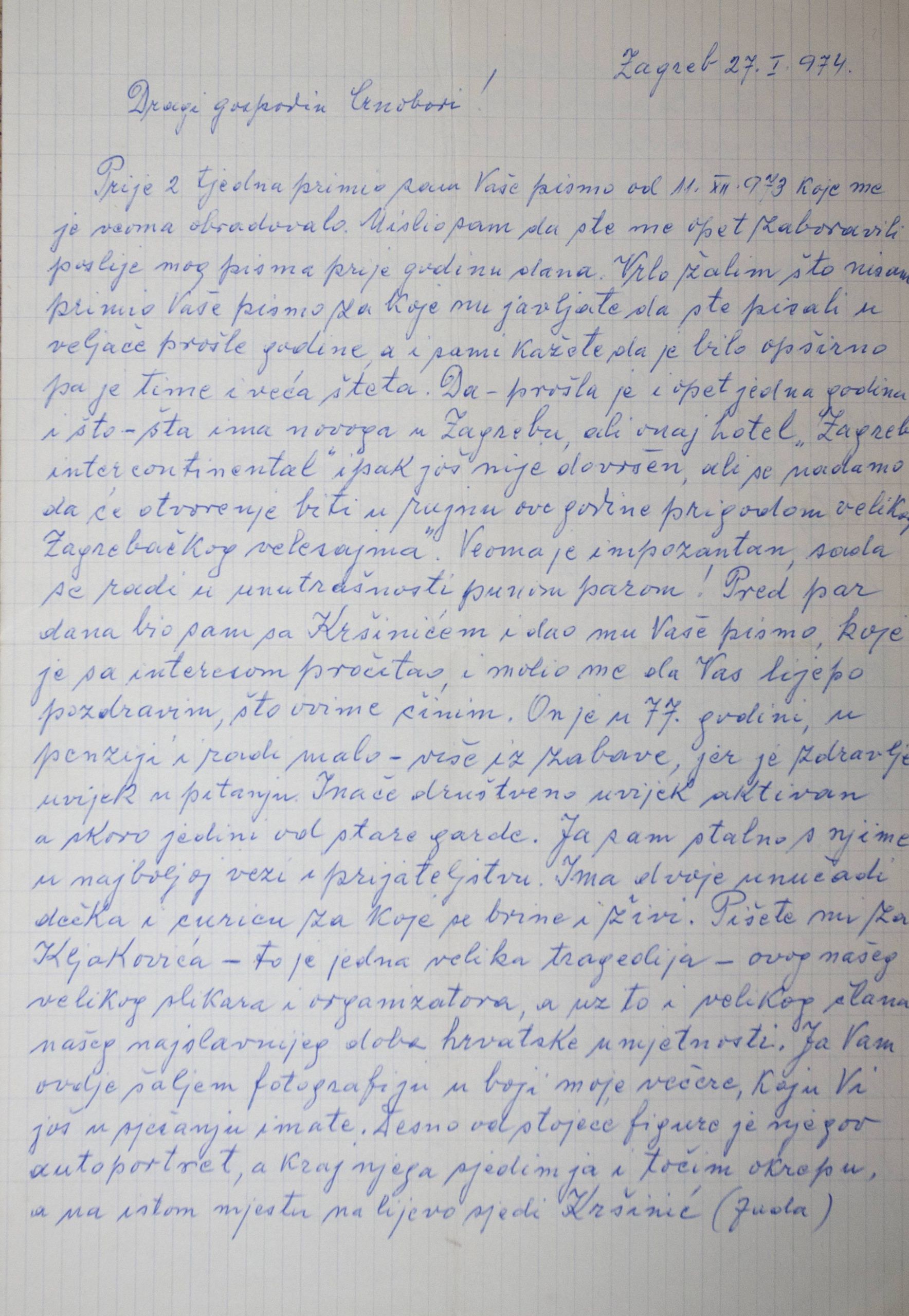 Pismo Zvonimira Pučara Josipu Crnoboriju, 27. 1. 1974.