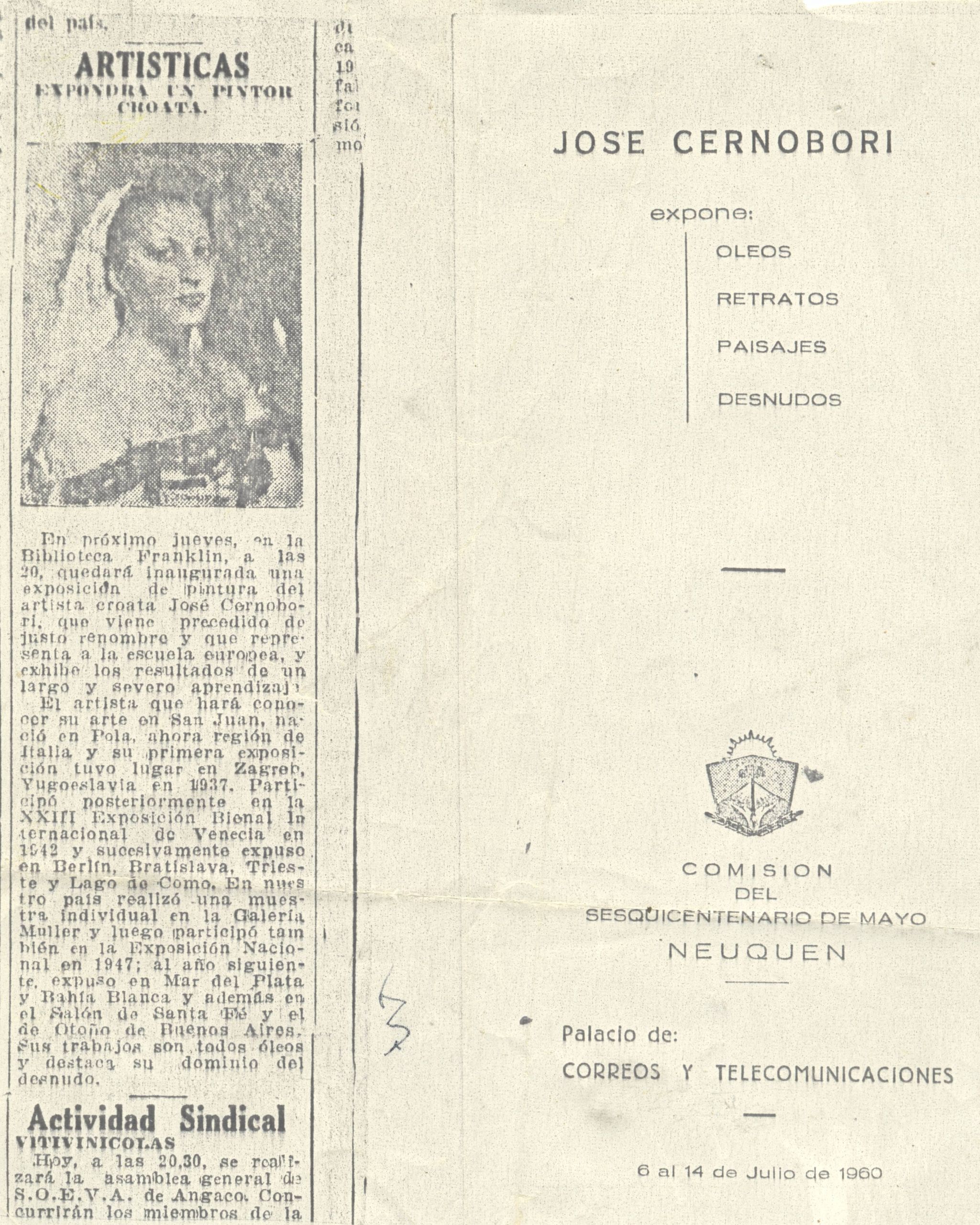 Preslika naslovnice i članka o izložbi Josipa Crnoborija u Biblioteci Franklin, Neuquen, Argentina