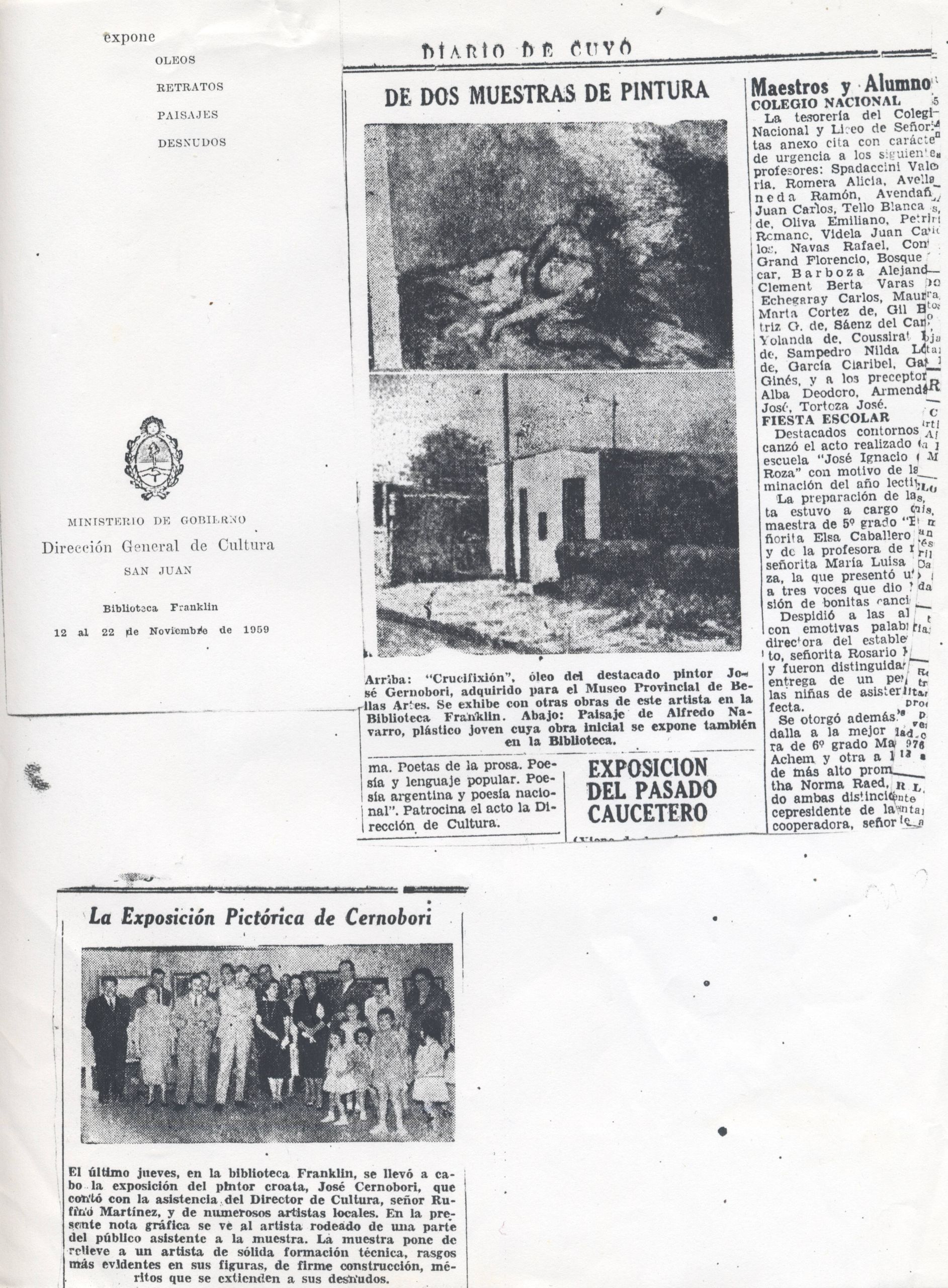 Kolaž preslika članaka o održavanju izložbe Josipa Crnoborija u Franklinovoj knjižnici, San Juan, Argentina